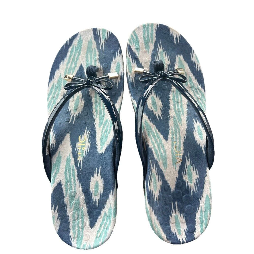 Vionic Bella II Thong Sandals Navy Patent Bow Comfort Flip Flops Womens Size 8